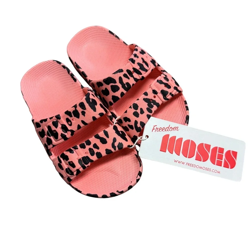 Freedom Moses Kids Leo Pink Martini Leopard Print Slides Sandals Size 8-9 NEW